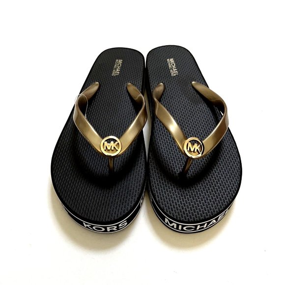 NWOB MICHAEL KORS Graphic Flip-Flop Sandals Slide On Thong Brown Gold - Picture 4 of 11